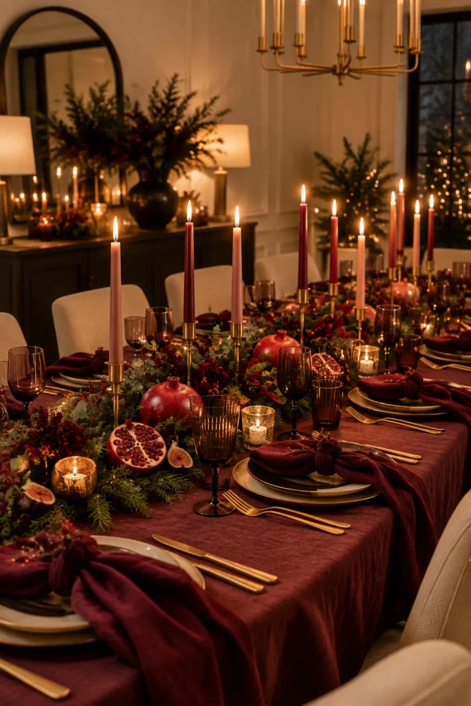 Burgundy Christmas decoration idea: a tonal burgundy tablescape