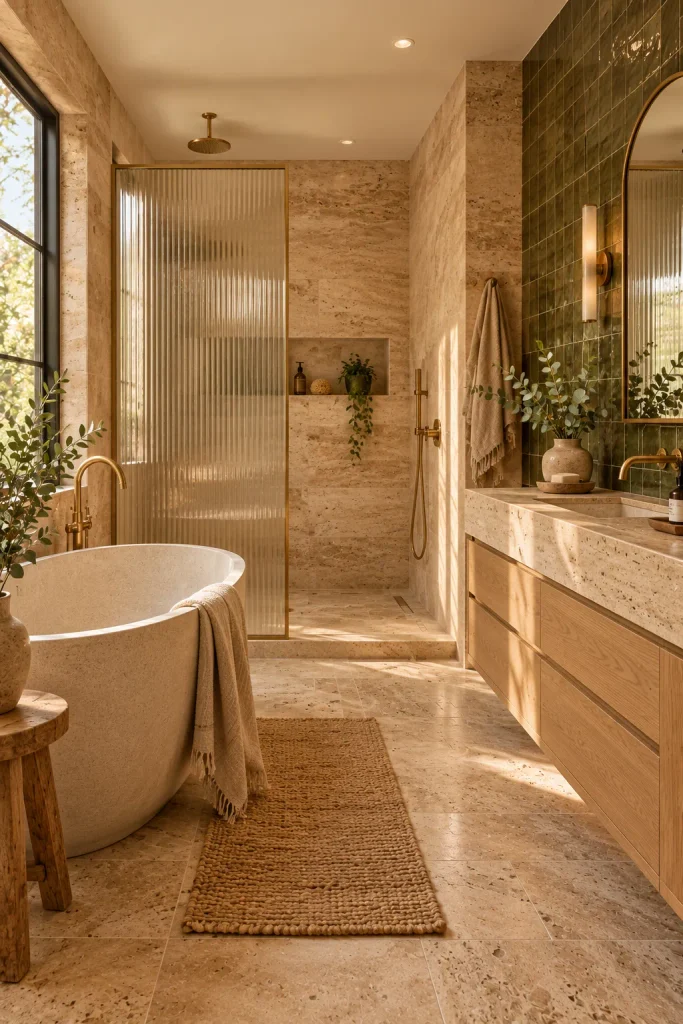 Earthy cottage home idea: a travertine and zellige bathroom