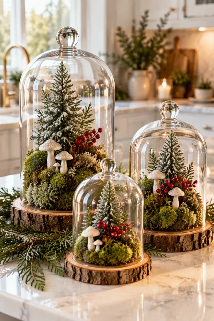DIY Christmas centerpiece idea: a trio of woodland cloches