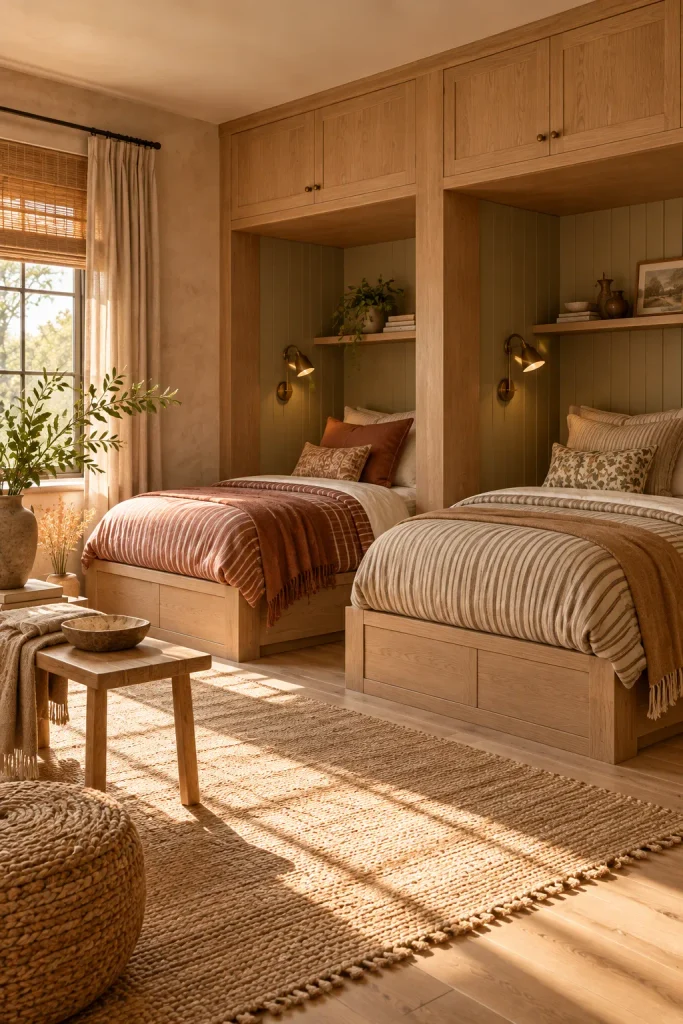 Earthy cottage home idea: a twin guest room with a built in bed wall