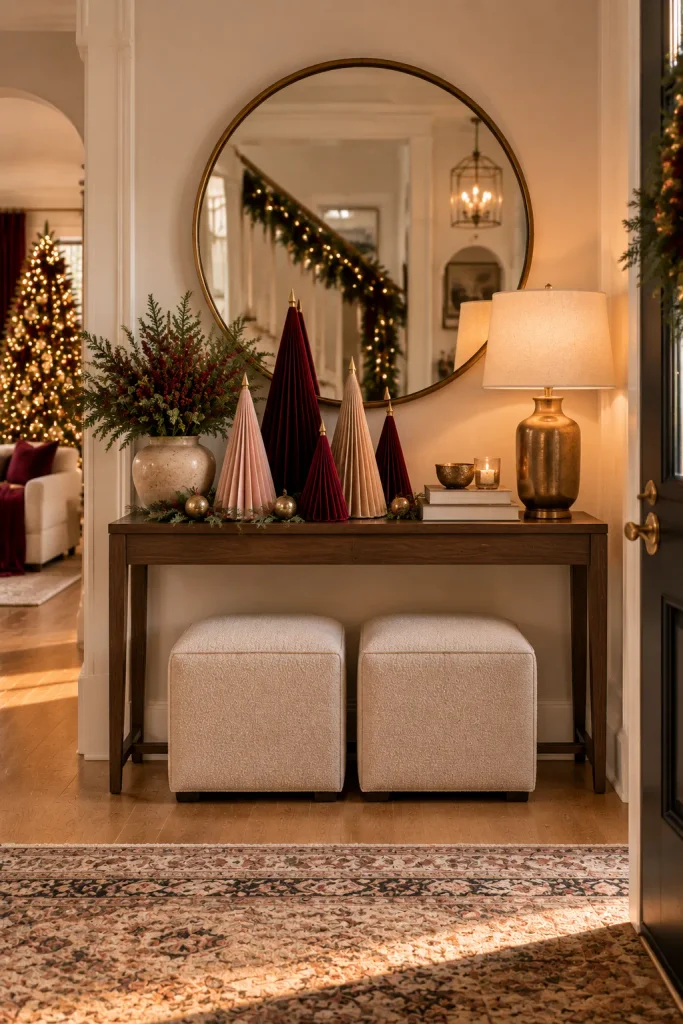 Burgundy Christmas decoration idea: a velvet tree forest on the entry console