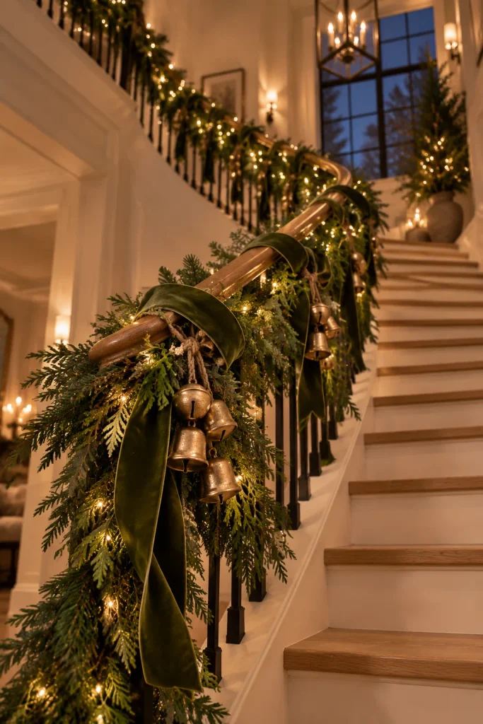 Classy Christmas decor idea: a velvet wrapped staircase garland