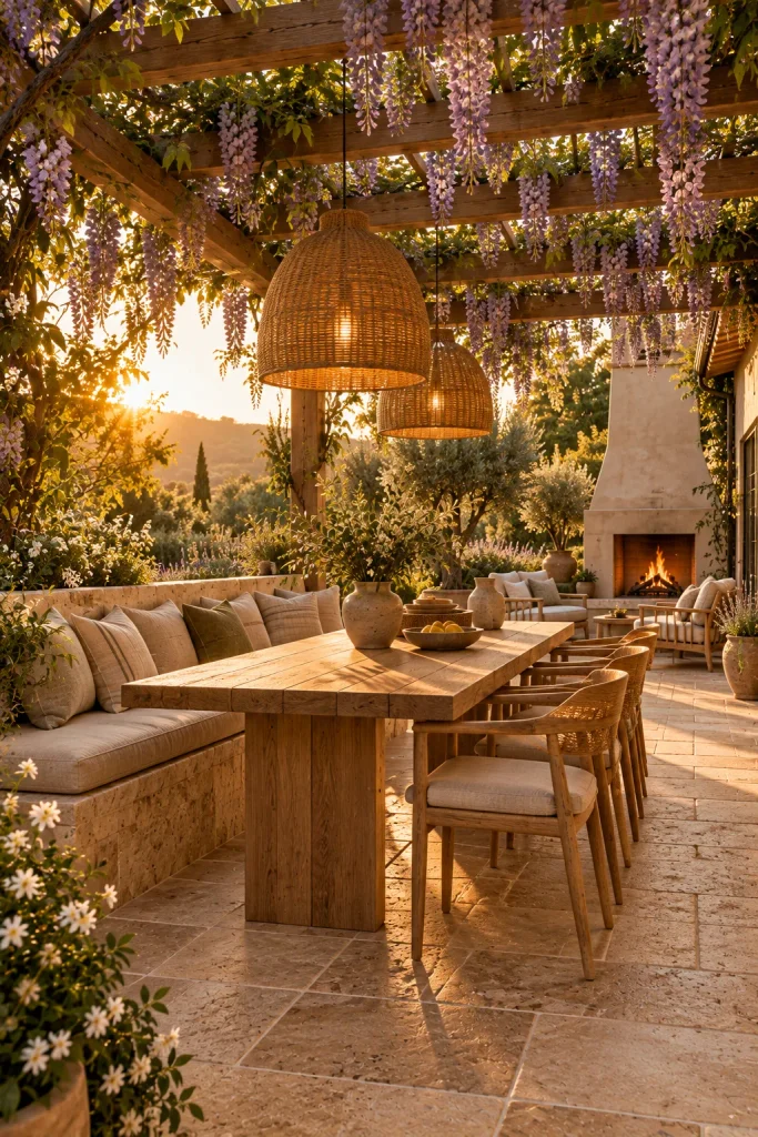 Earthy cottage home idea: a vine covered back terrace for outdoor dining