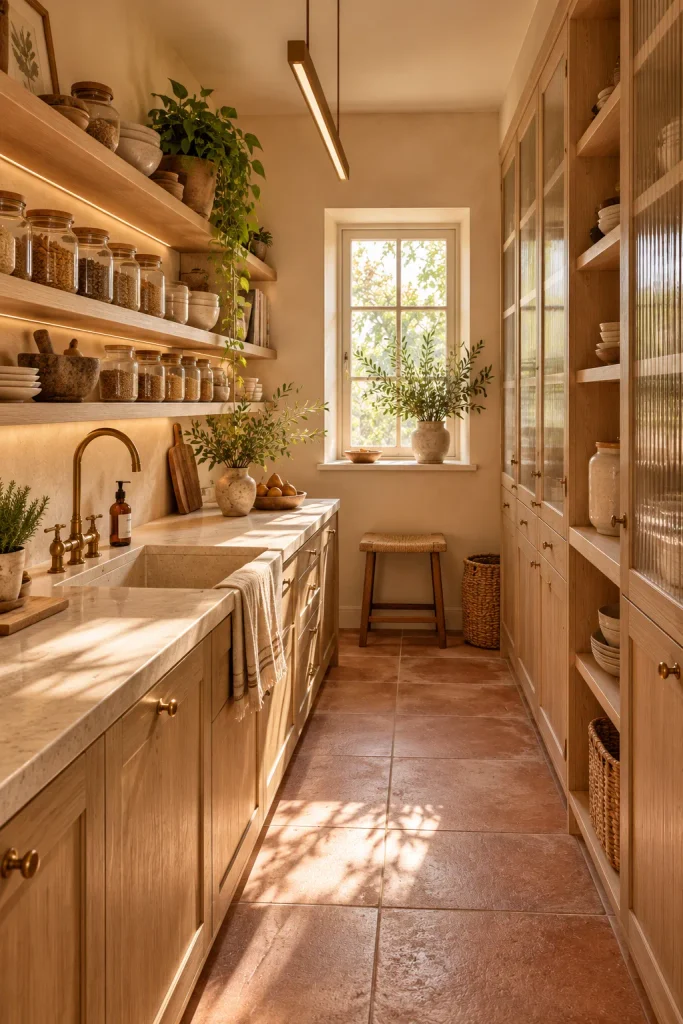 Earthy cottage home idea: a walk in scullery pantry
