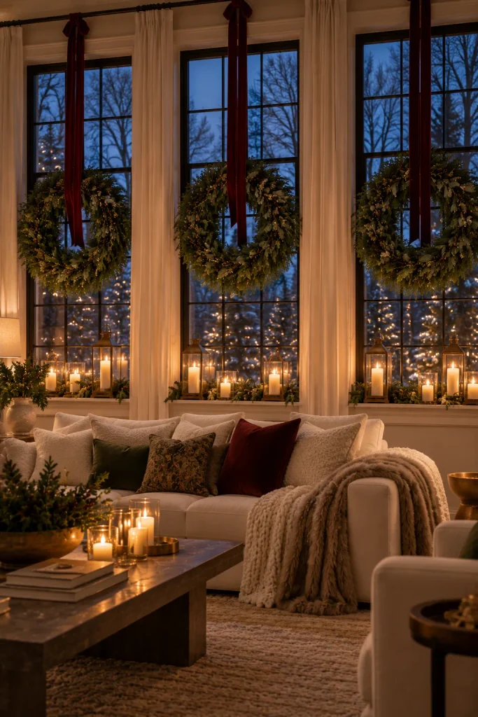 Classy Christmas decor idea: a window wall of oversized wreaths