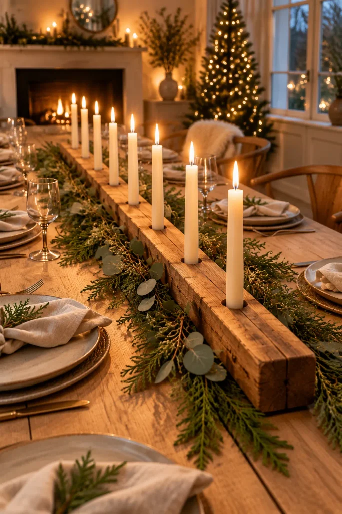 DIY Christmas centerpiece idea: a wooden candle beam
