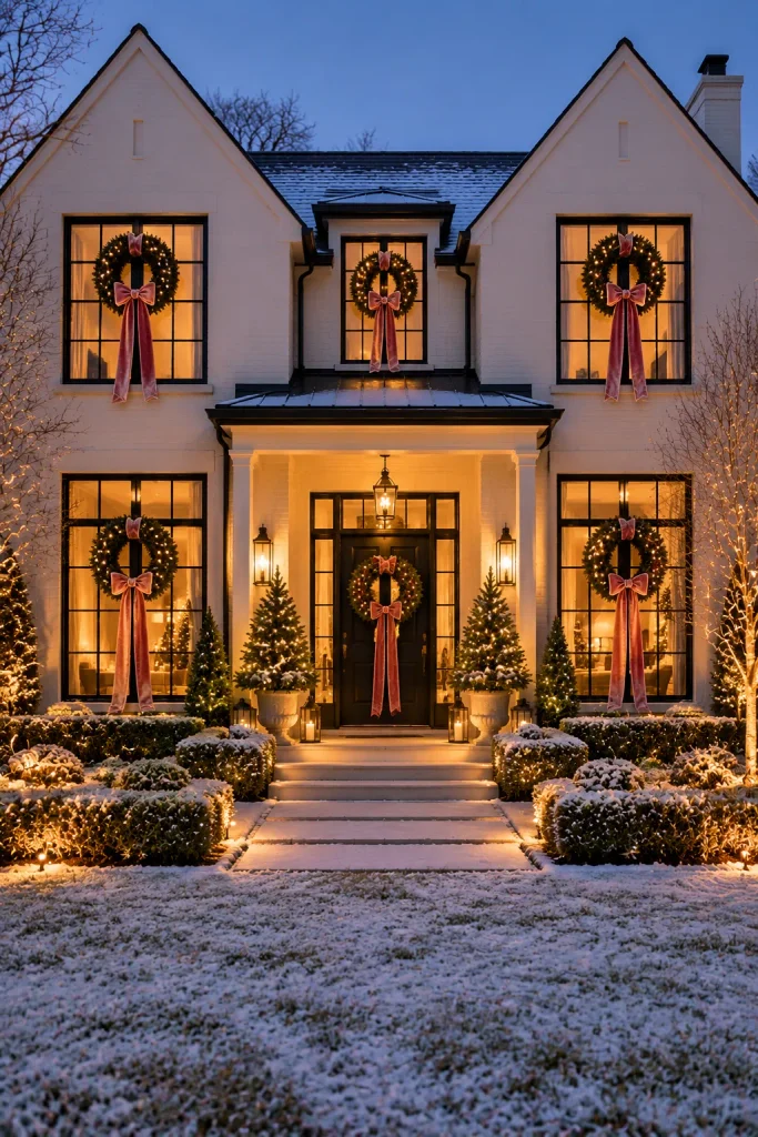 Outdoor Christmas decoration idea: a wreath on every window