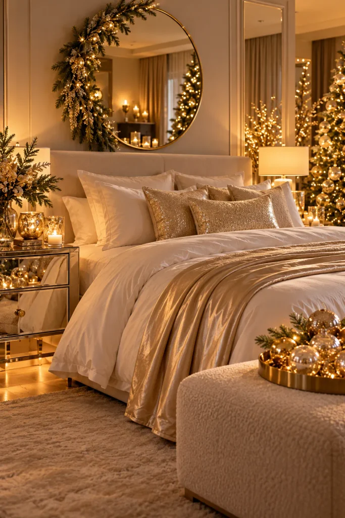 Christmas bedroom decor idea: add glamour with champagne gold