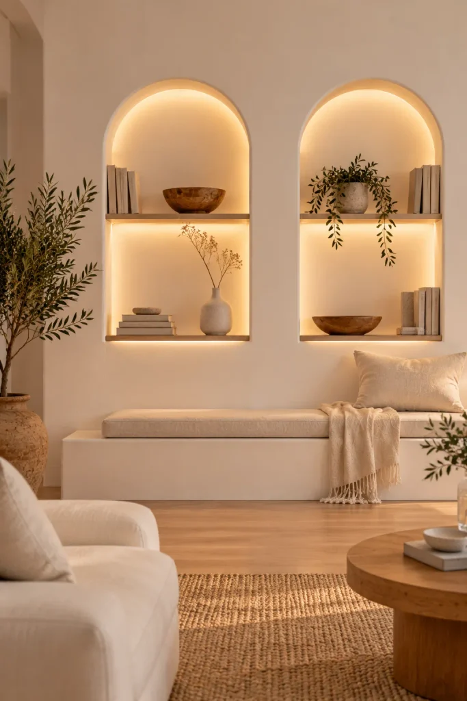White arched wall nooks in a living room – warm white living room idea