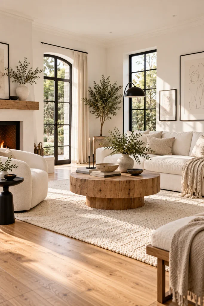 White living room with a few black accents – warm white living room idea
