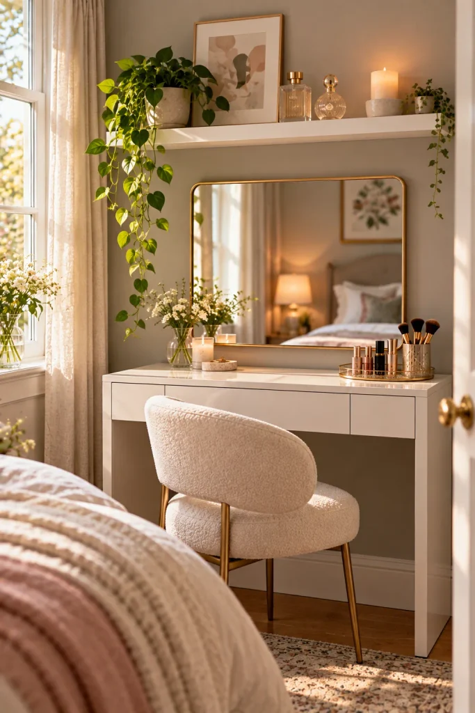 Small bedroom vanity idea: add a picture ledge for rotating decor