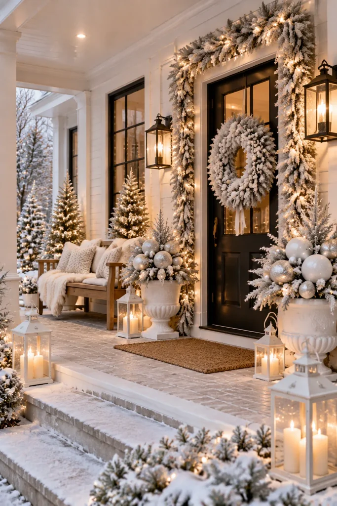 Outdoor Christmas decoration idea: an all white winter porch