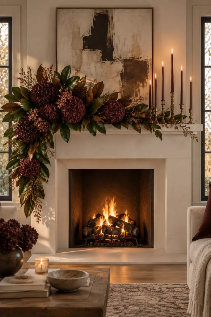 Burgundy Christmas decoration idea: an asymmetrical mantel with dried florals