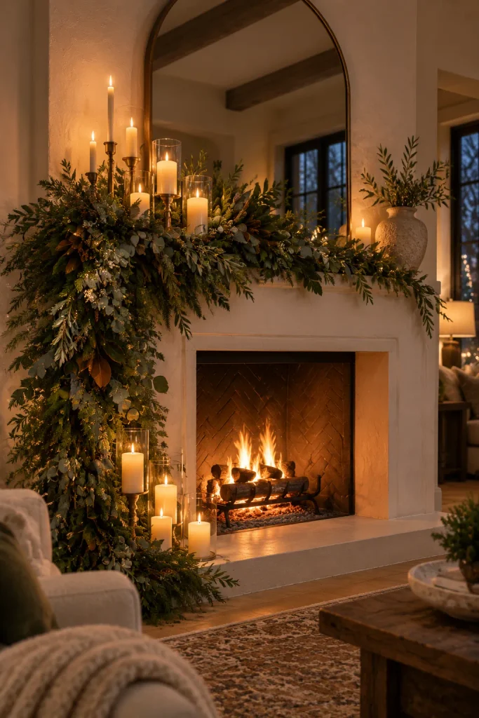 Classy Christmas decor idea: an asymmetrical mantel with mixed greenery