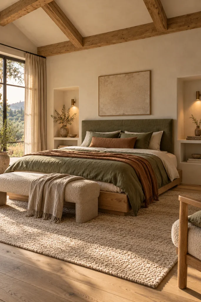 Earthy cottage home idea: an olive bedroom under oak beams