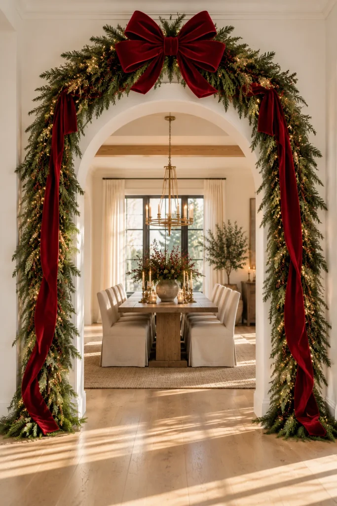 Classy Christmas decor idea: an oversized bow over an arched doorway
