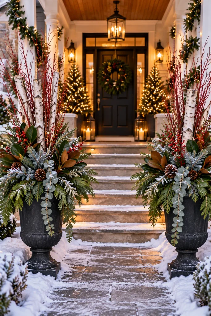 Christmas front porch idea: anchor the bottom of the steps with tall urns