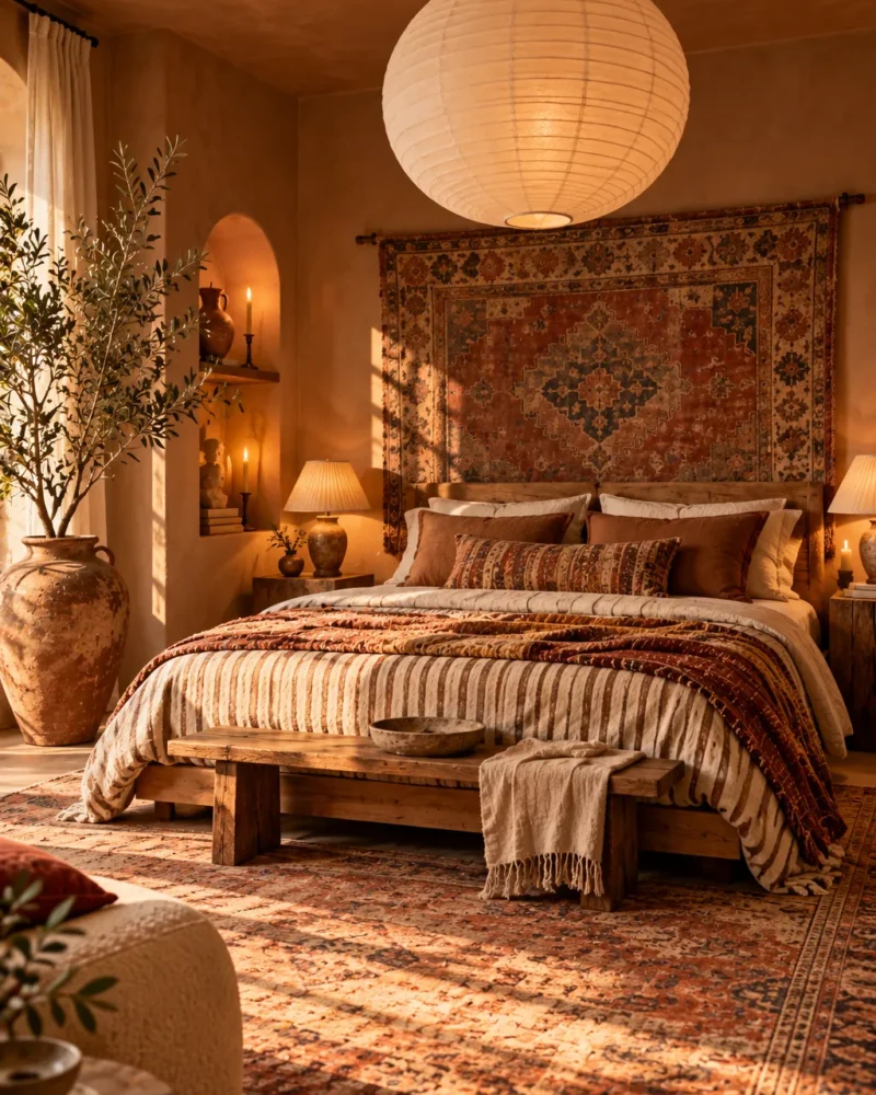 Soft, curated boho bedroom in warm earthy tones – boho bedroom ideas