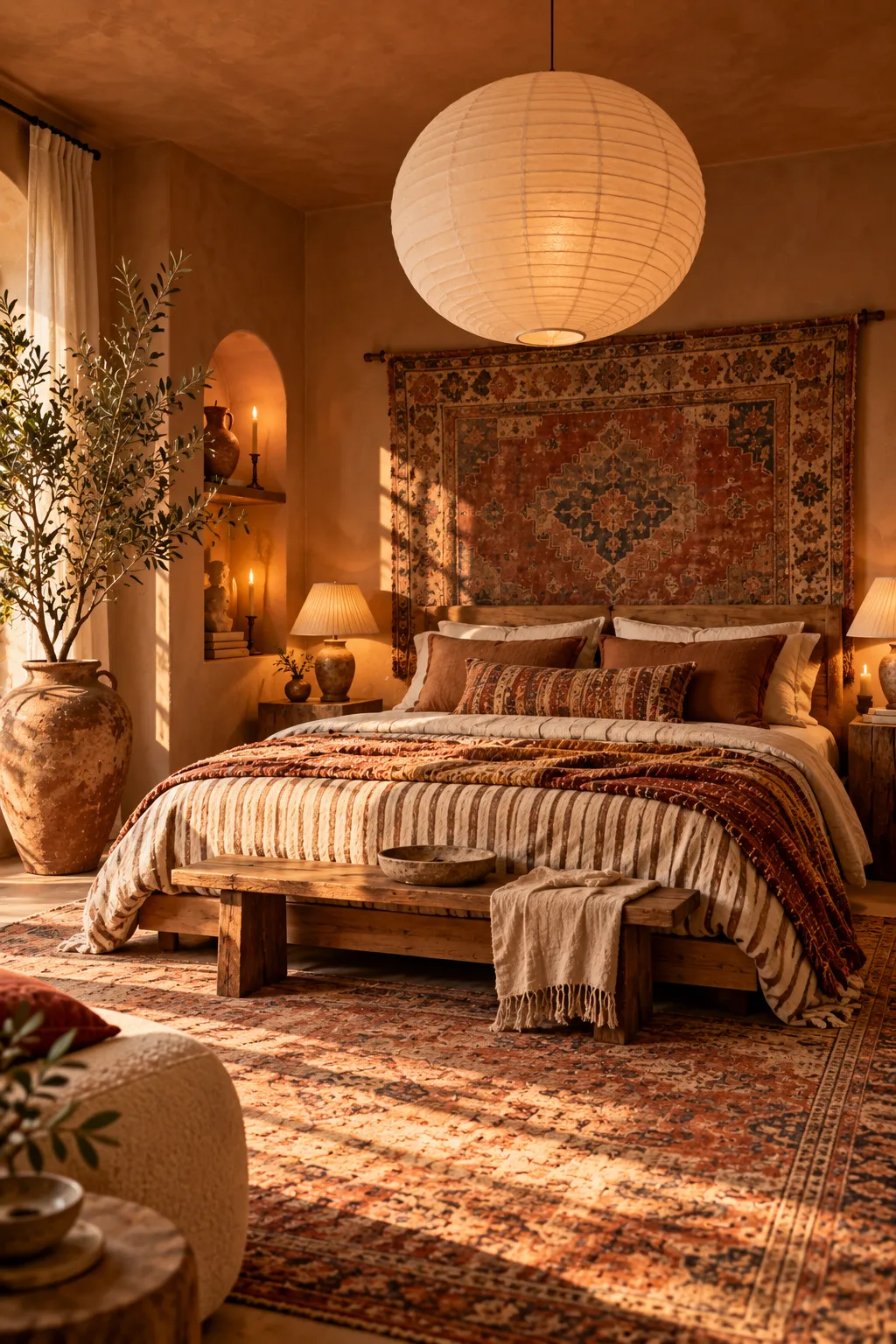 Soft, curated boho bedroom in warm earthy tones – boho bedroom ideas