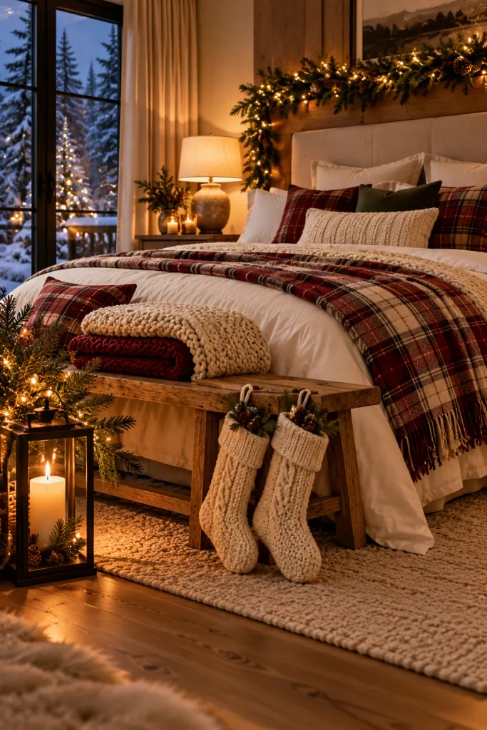 Christmas bedroom decor idea: bring cabin coziness with plaid and warm wood