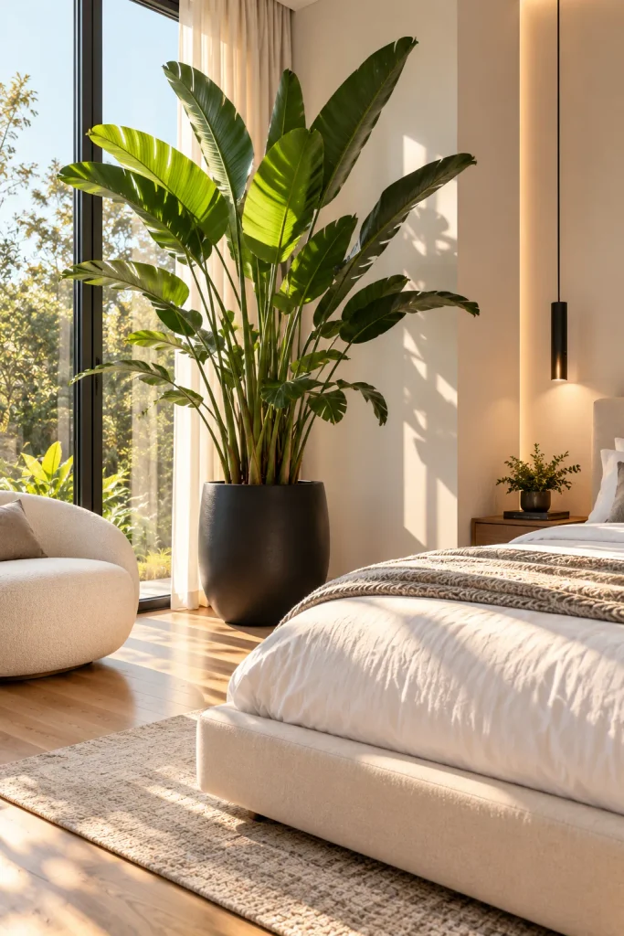 Master bedroom makeover idea: bring in big modern greenery
