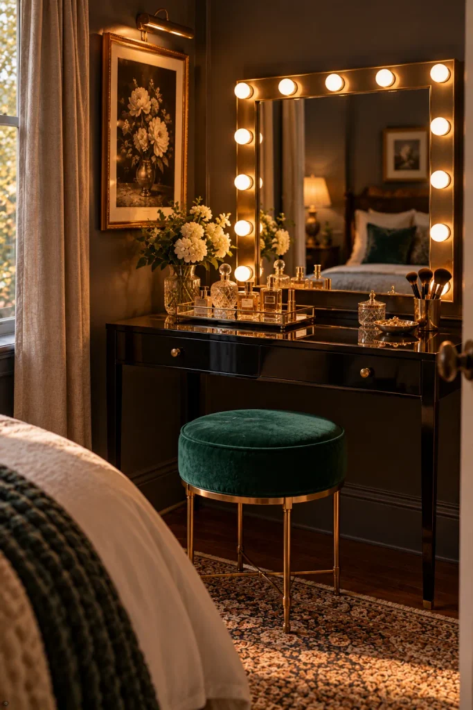 Small bedroom vanity idea: bring on the old hollywood glow