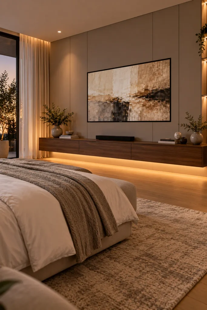 Master bedroom makeover idea: build a clean media wall that hides the tech