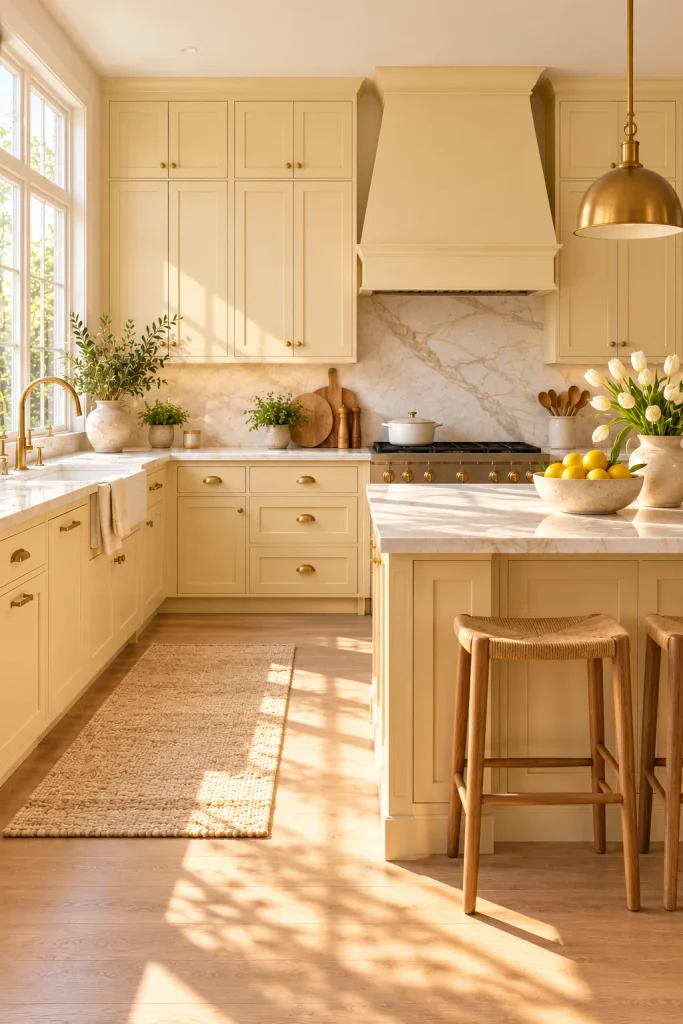 Warm neutral kitchen color idea: butter cream and marble