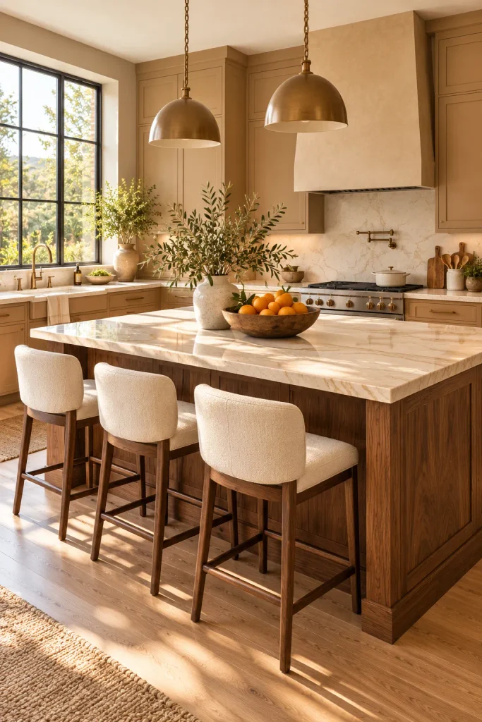 Warm neutral kitchen color idea: camel and walnut