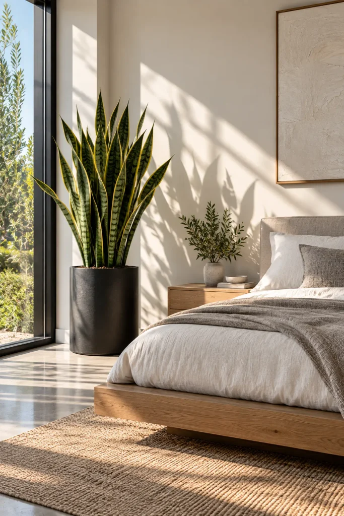 Sculptural plant in a minimalist bedroom – minimalist bedroom idea