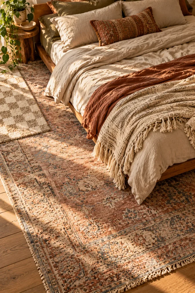 Boho bedroom idea: choose a rug with a faded vintage wash