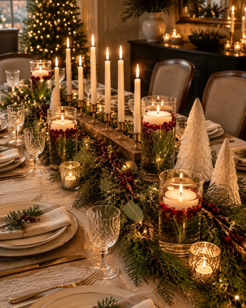 Elegant DIY Christmas centerpiece with candles and greenery on a holiday table – DIY Christmas centerpieces