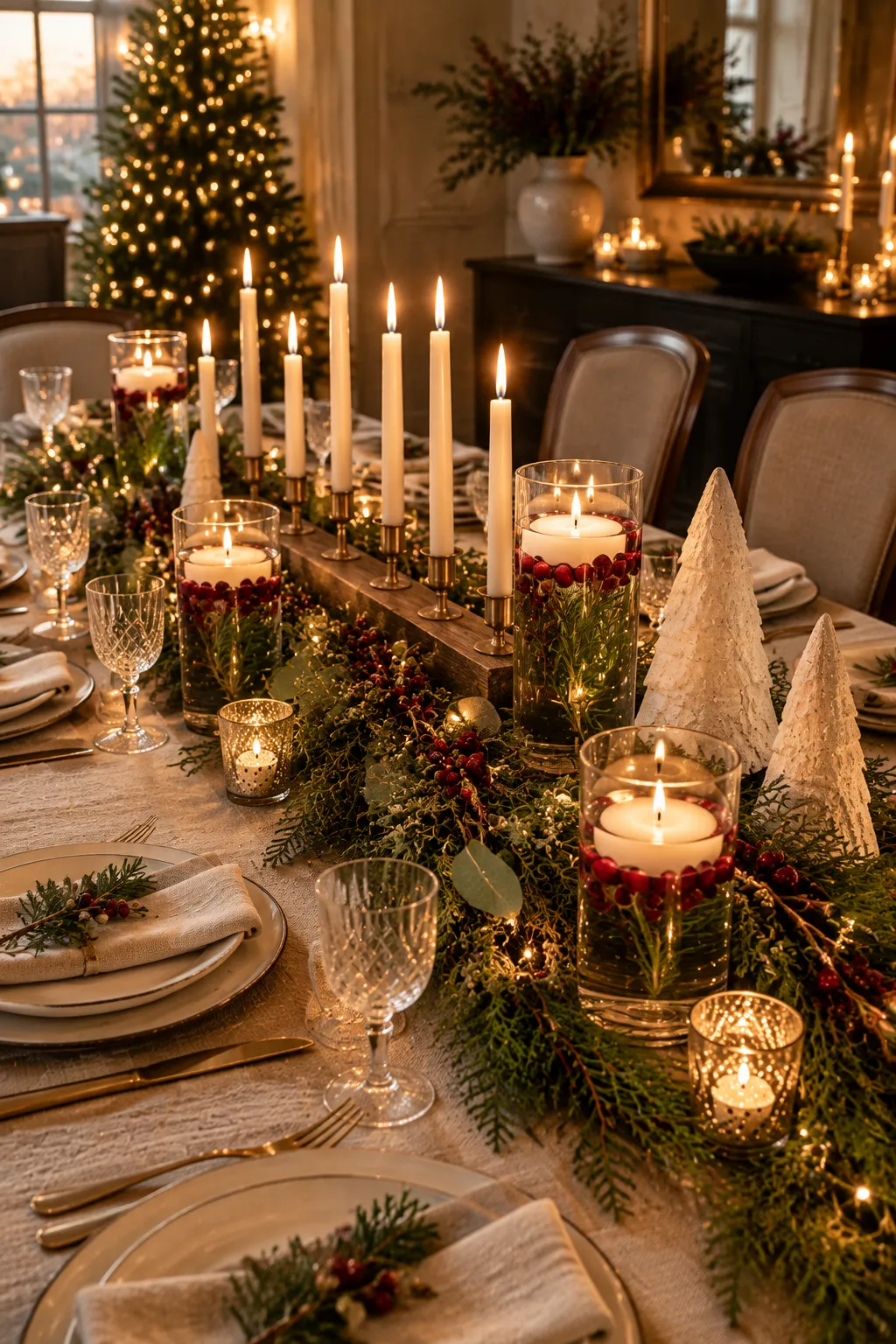 Elegant DIY Christmas centerpiece with candles and greenery on a holiday table – DIY Christmas centerpieces