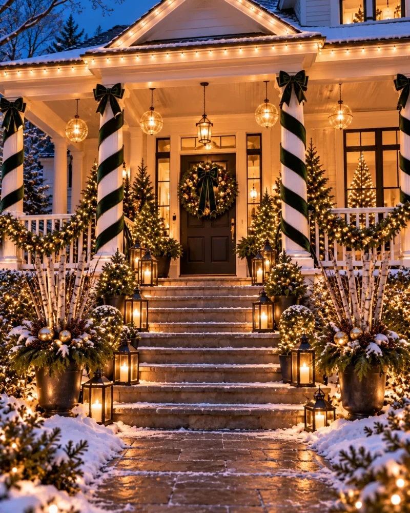 Festive front porch decorated for Christmas with garland, lights and wreath – Christmas front porch ideas