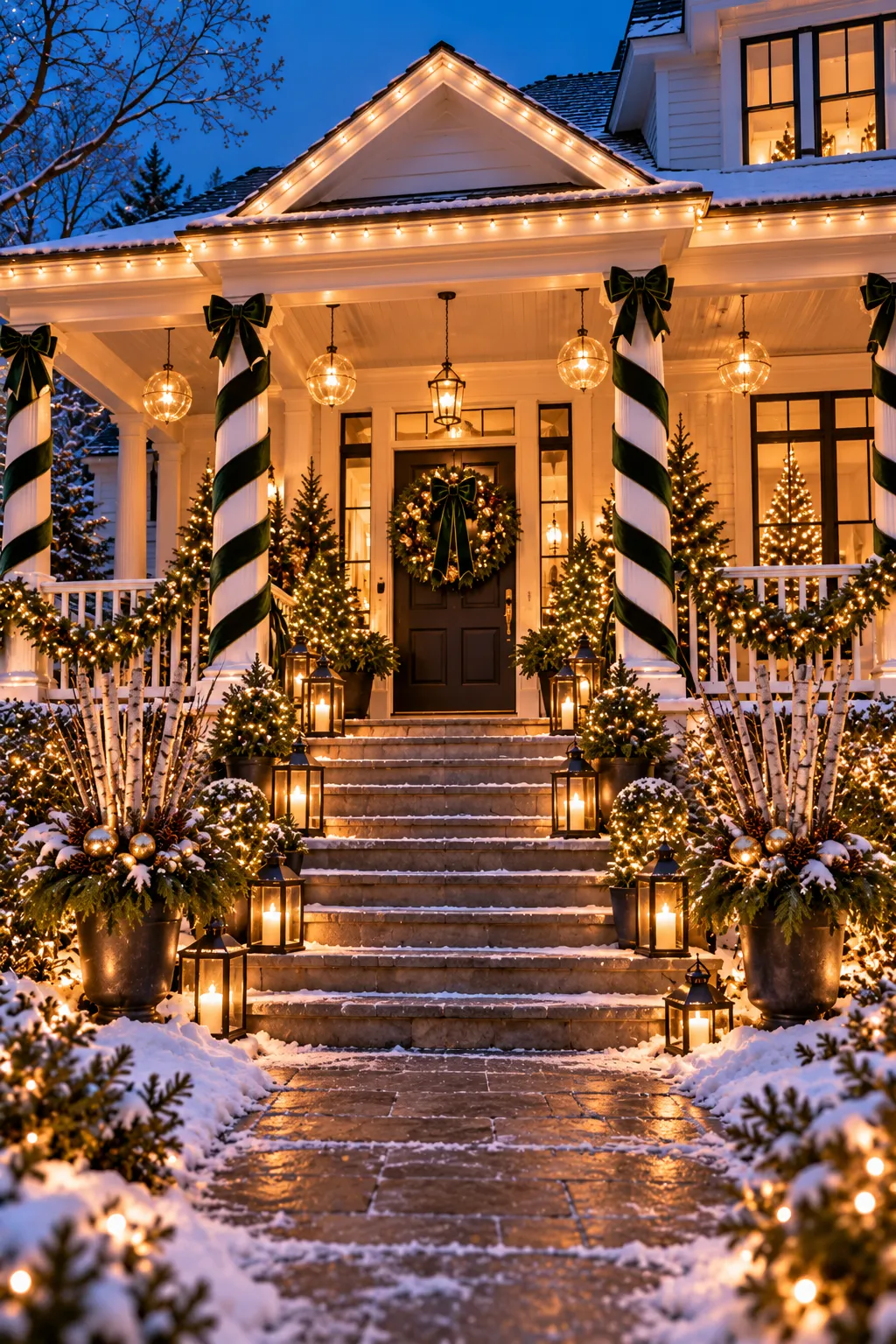 Festive front porch decorated for Christmas with garland, lights and wreath – Christmas front porch ideas