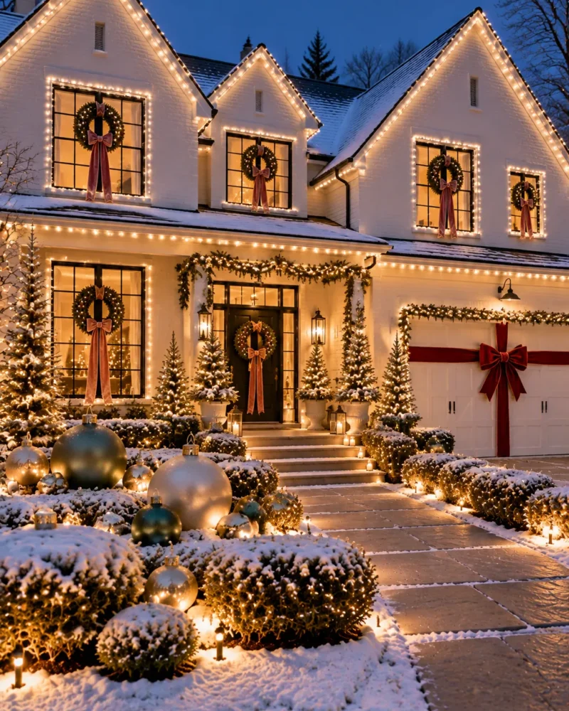 House and yard decorated with festive outdoor Christmas decorations and lights – outdoor Christmas decorations