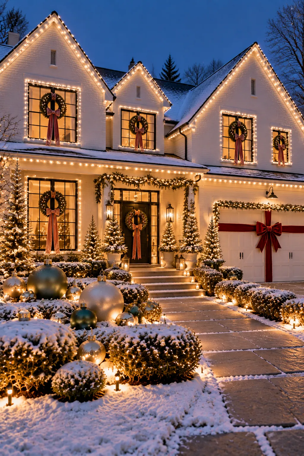 House and yard decorated with festive outdoor Christmas decorations and lights – outdoor Christmas decorations