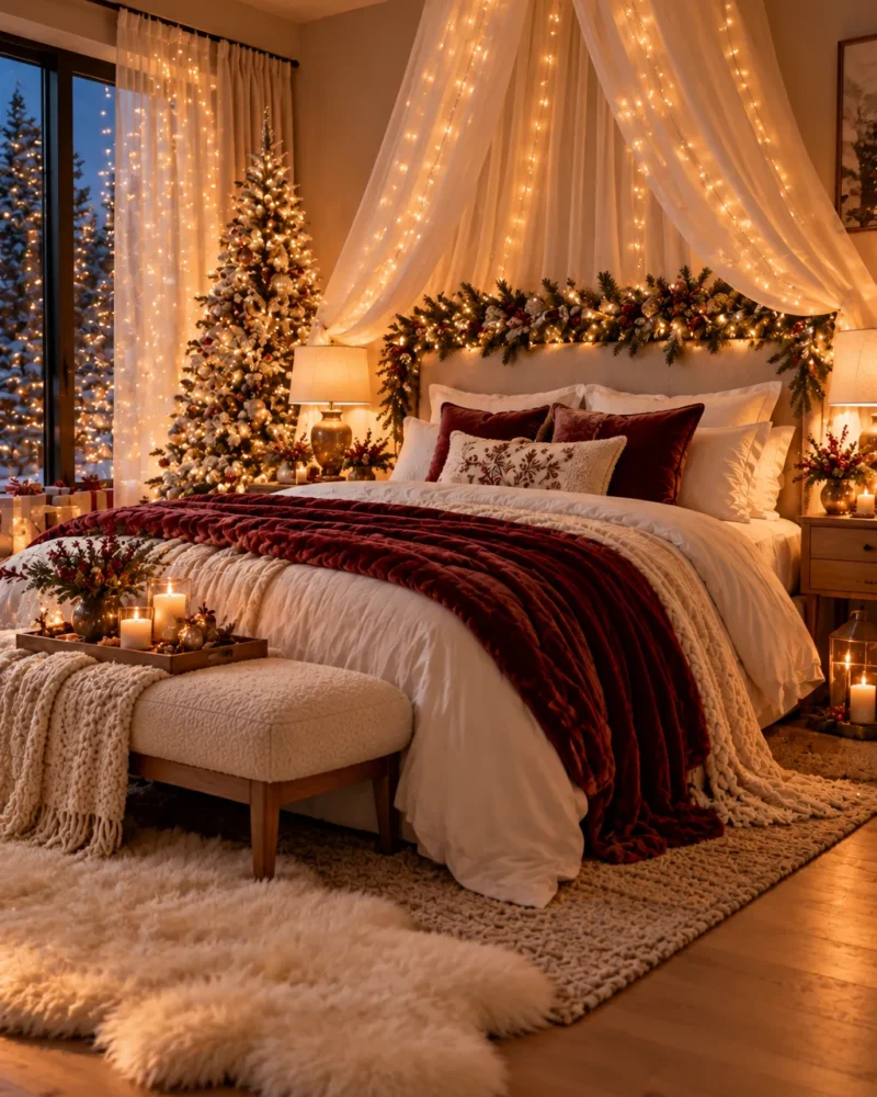 Cozy bedroom decorated for Christmas with lights, greenery and soft textiles – Christmas bedroom decor ideas