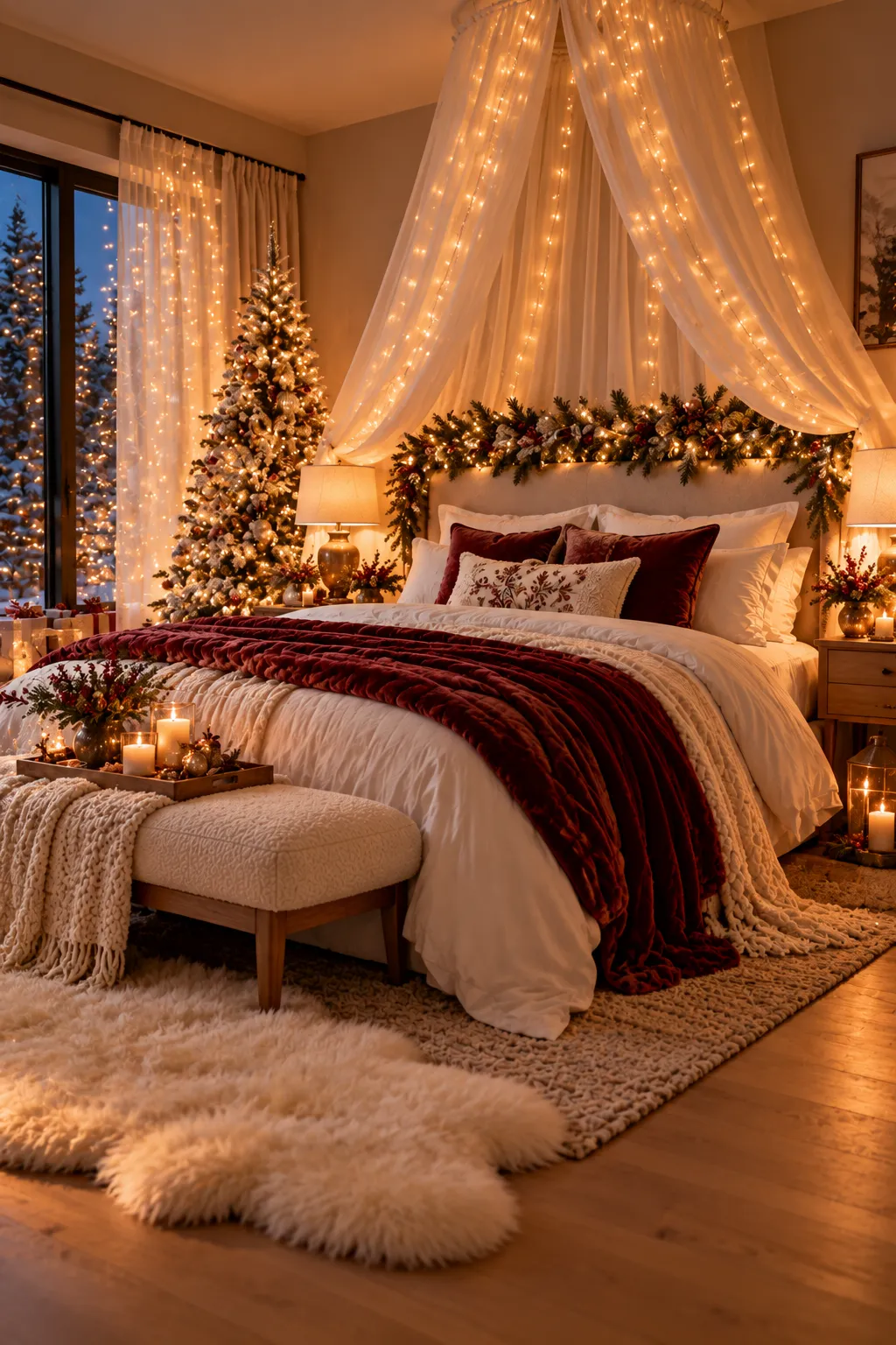 Cozy bedroom decorated for Christmas with lights, greenery and soft textiles – Christmas bedroom decor ideas