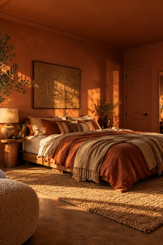Boho bedroom idea: color drench the room in warm clay