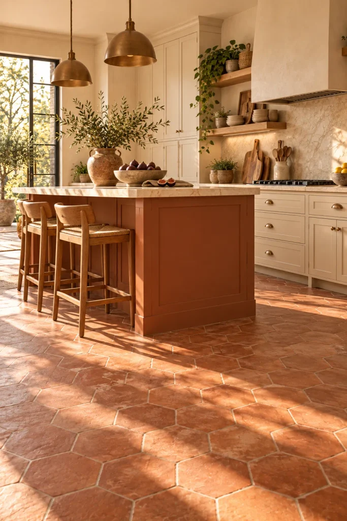 Warm neutral kitchen color idea: cream and terracotta