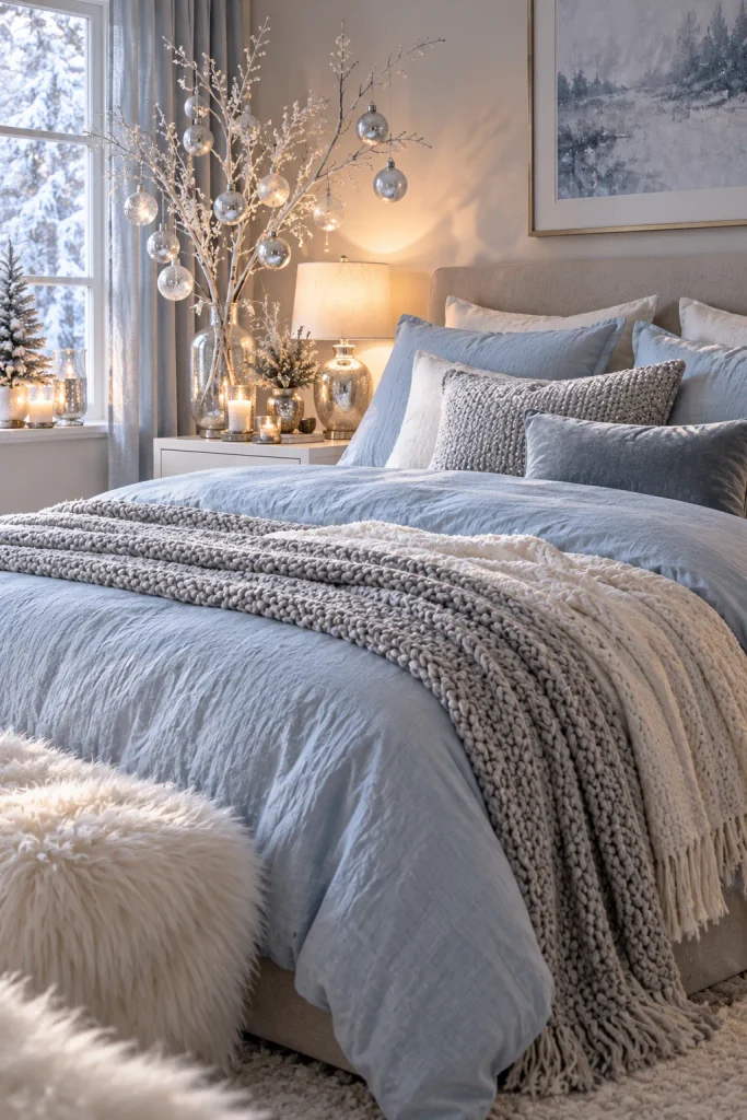Christmas bedroom decor idea: create a frosty look with icy blue and silver