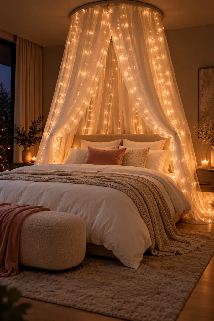 Christmas bedroom decor idea: create a glowing canopy over the bed