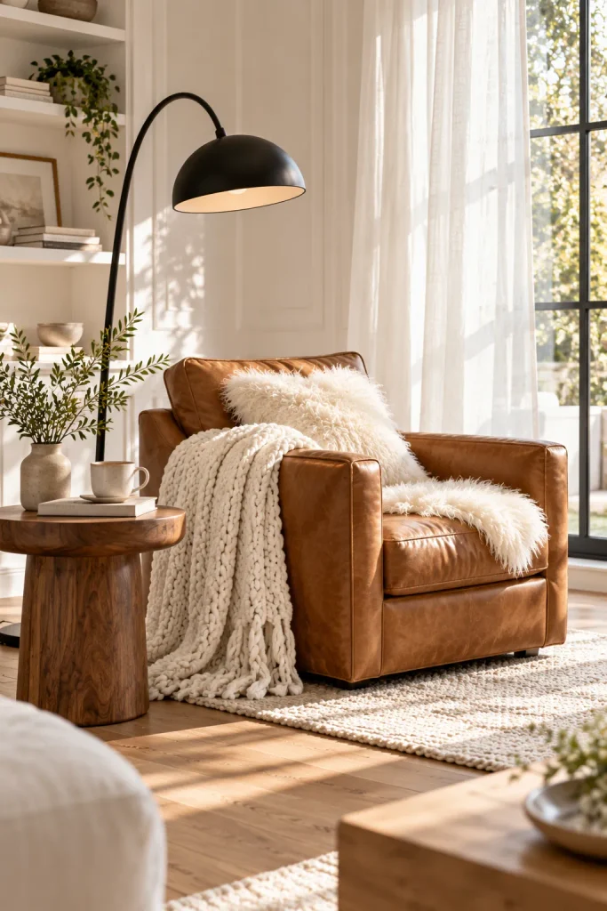 Cozy reading corner in a white living room – warm white living room idea