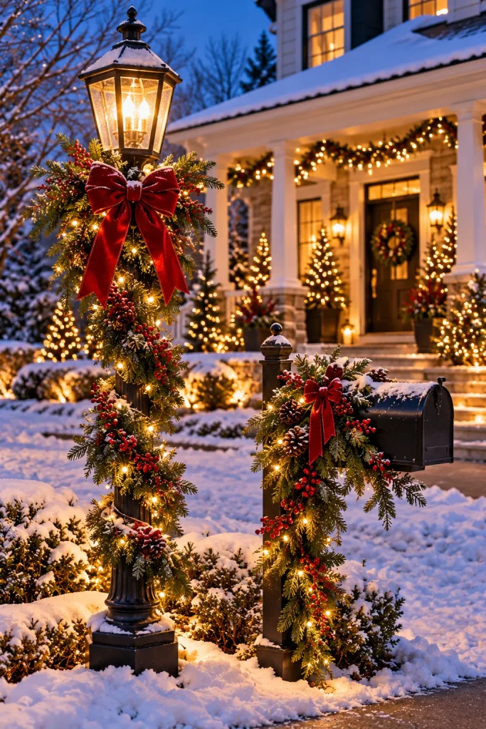 Christmas front porch idea: dress the lamppost and mailbox