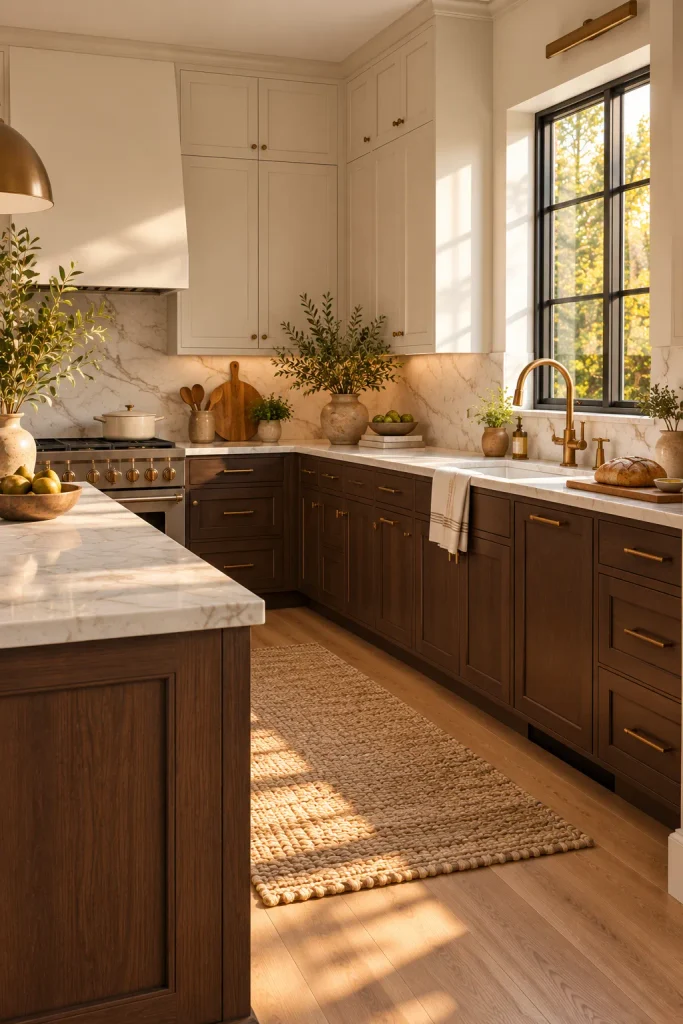 Warm neutral kitchen color idea: espresso and cream