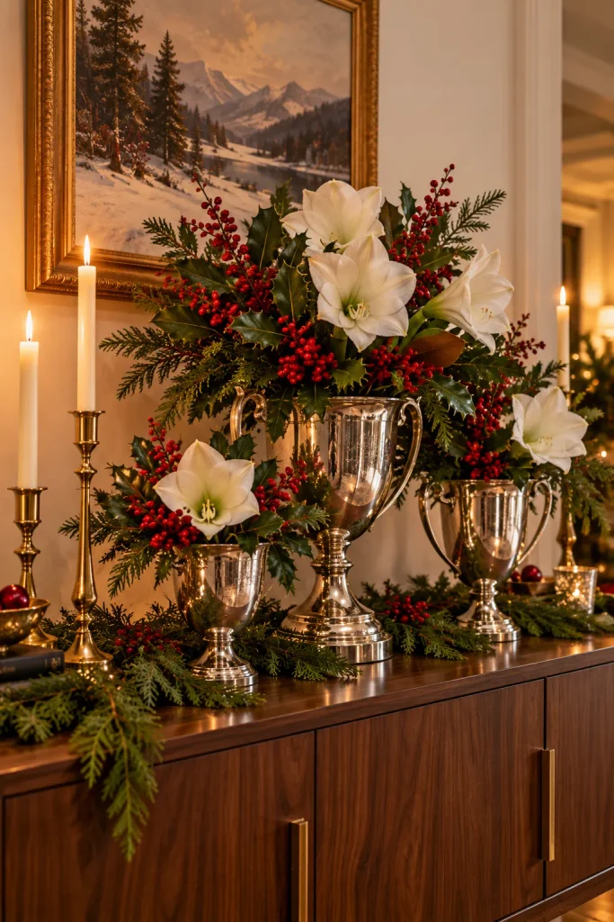 Ralph Lauren inspired Christmas idea: fill silver trophy cups with holly