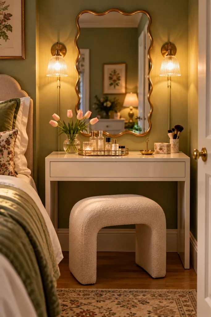 Small bedroom vanity idea: flank a scalloped mirror with plug in sconces