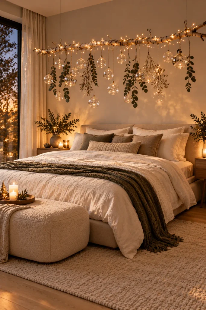 Christmas bedroom decor idea: float a branch installation above the bed