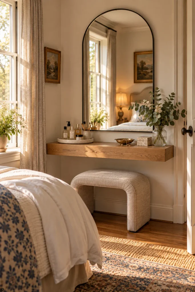 Small bedroom vanity idea: float a shelf under an arched mirror
